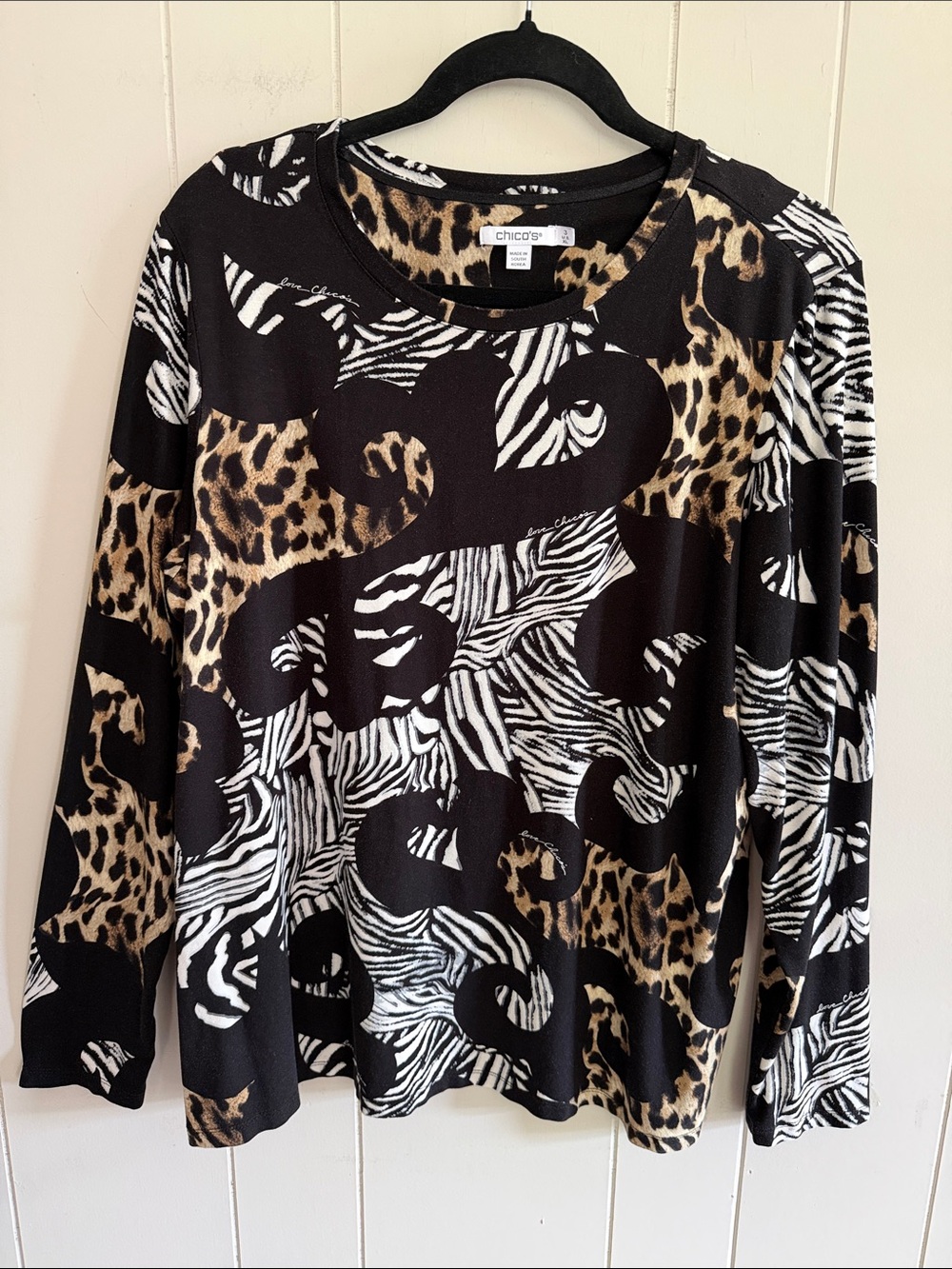 Chico's Animal Print Long Sleeve Top Leopard Zebra Size XL (3) Bold Eclectic